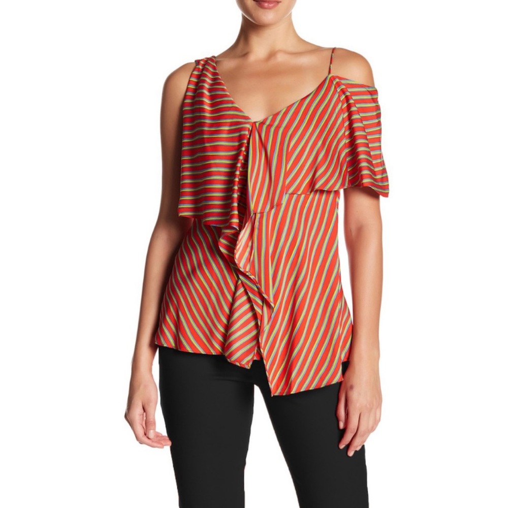 DVF Bodin Stripe Silk Ruffle Asymmetrical Top - Picture 3 of 3